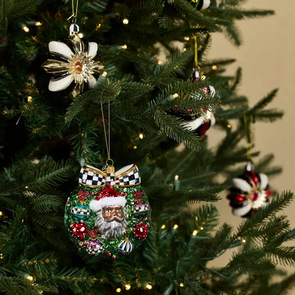 2026 Black Santa Wreath Glass Ornament