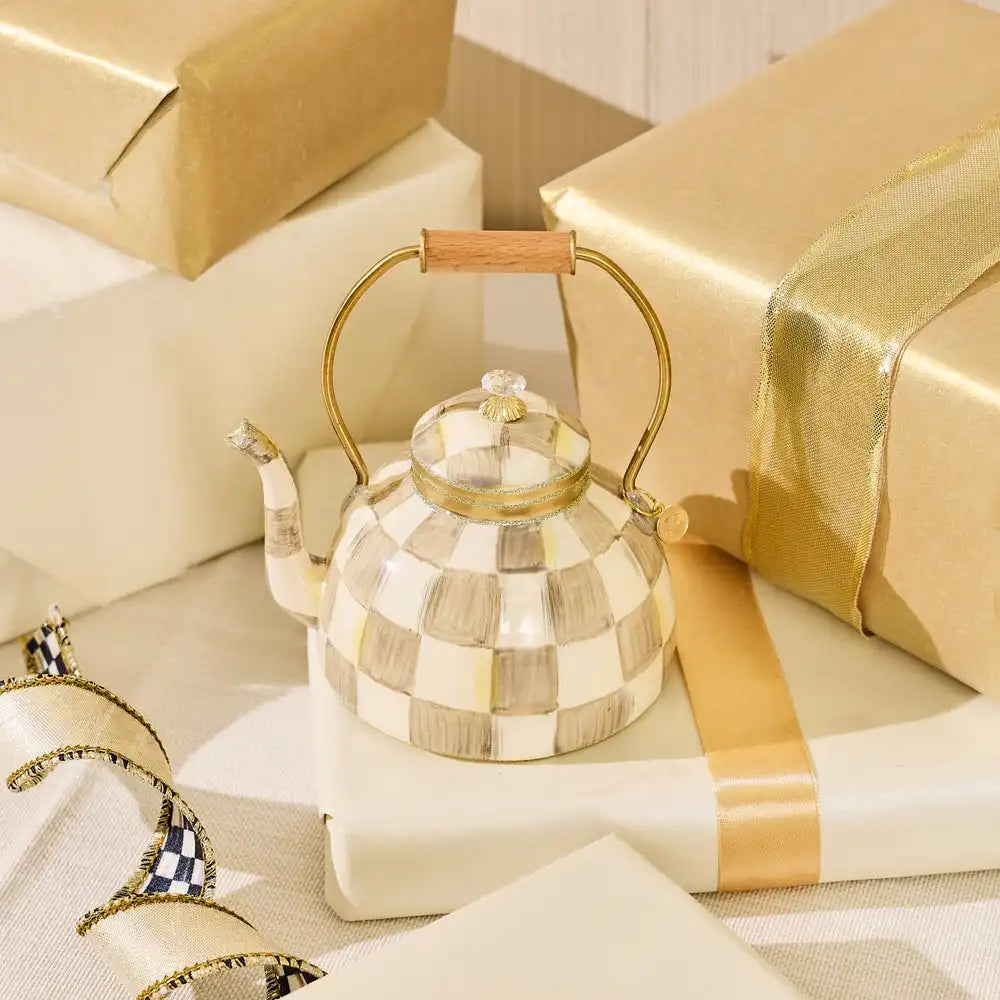 Mocha Check Tea Kettle Glass Ornament