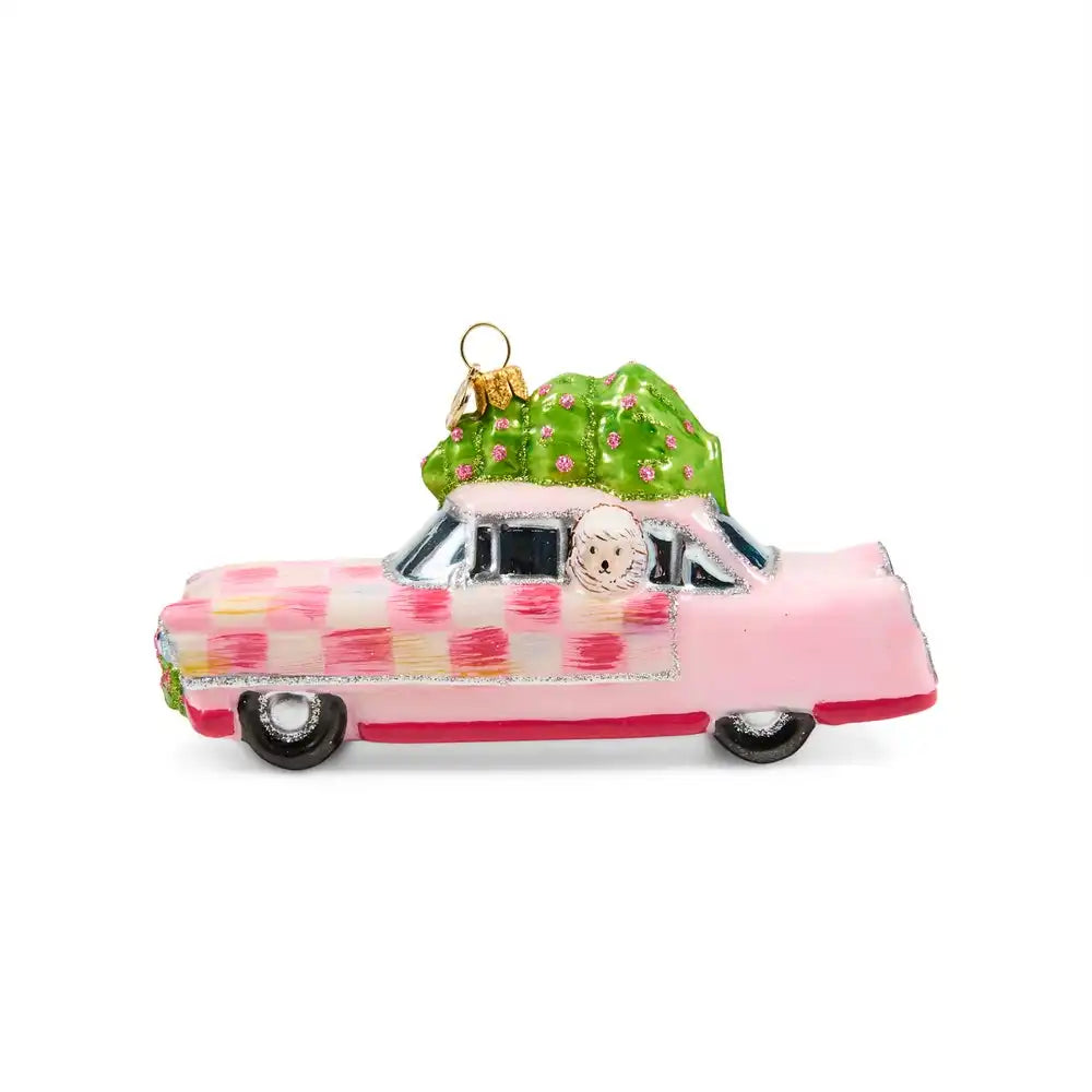 Bubblegum Check Poodle Car Glass Ornament