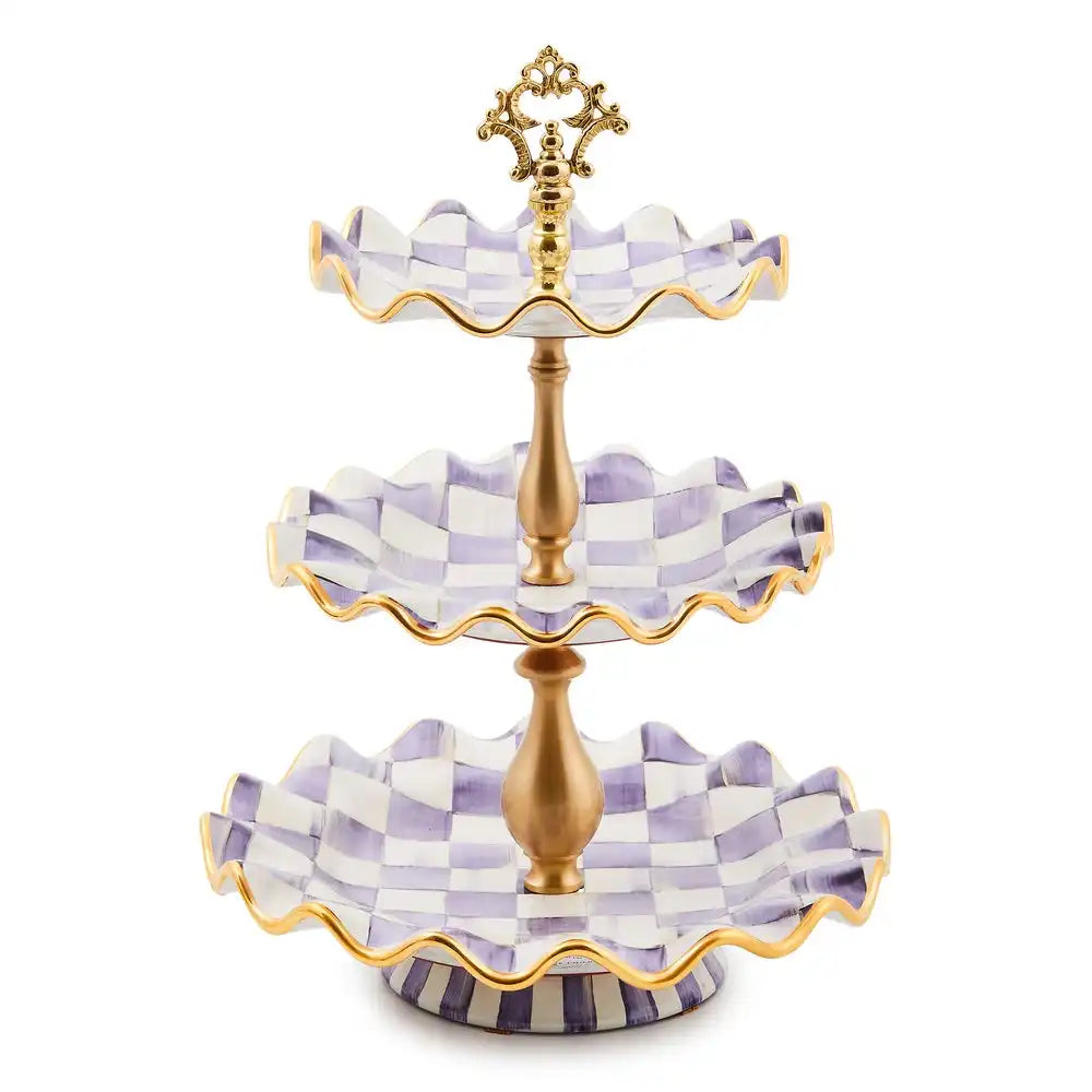 Violet Check Ceramic Three Tier Sweet Stand