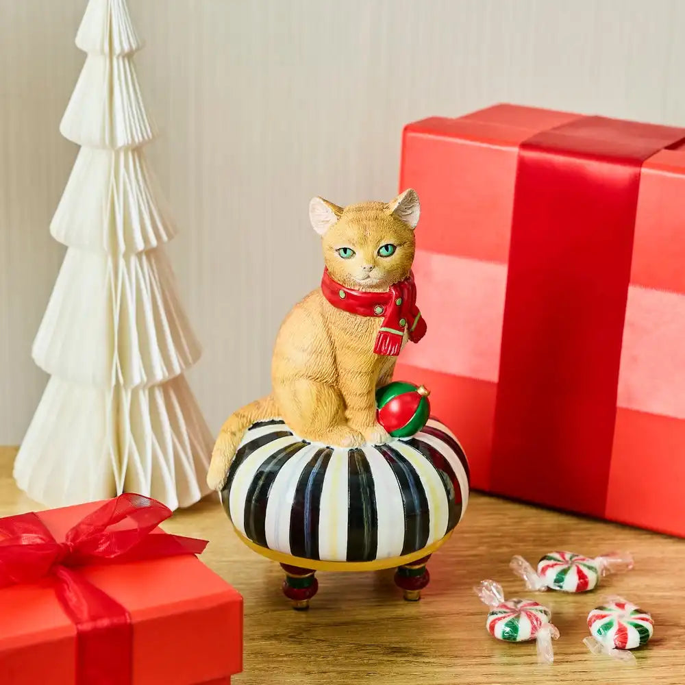 Holiday Cat on Tuffet Figurine