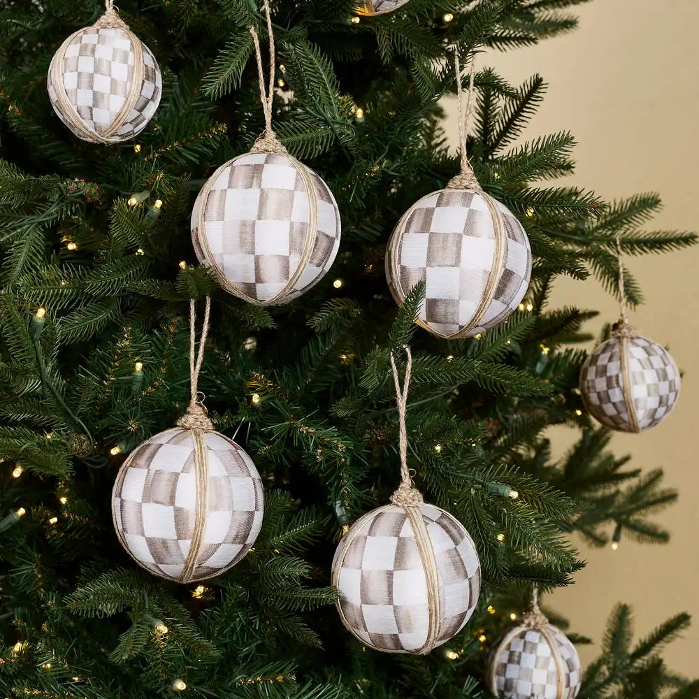 Mocha Check Fabric Large Ball Ornaments, Set of 4