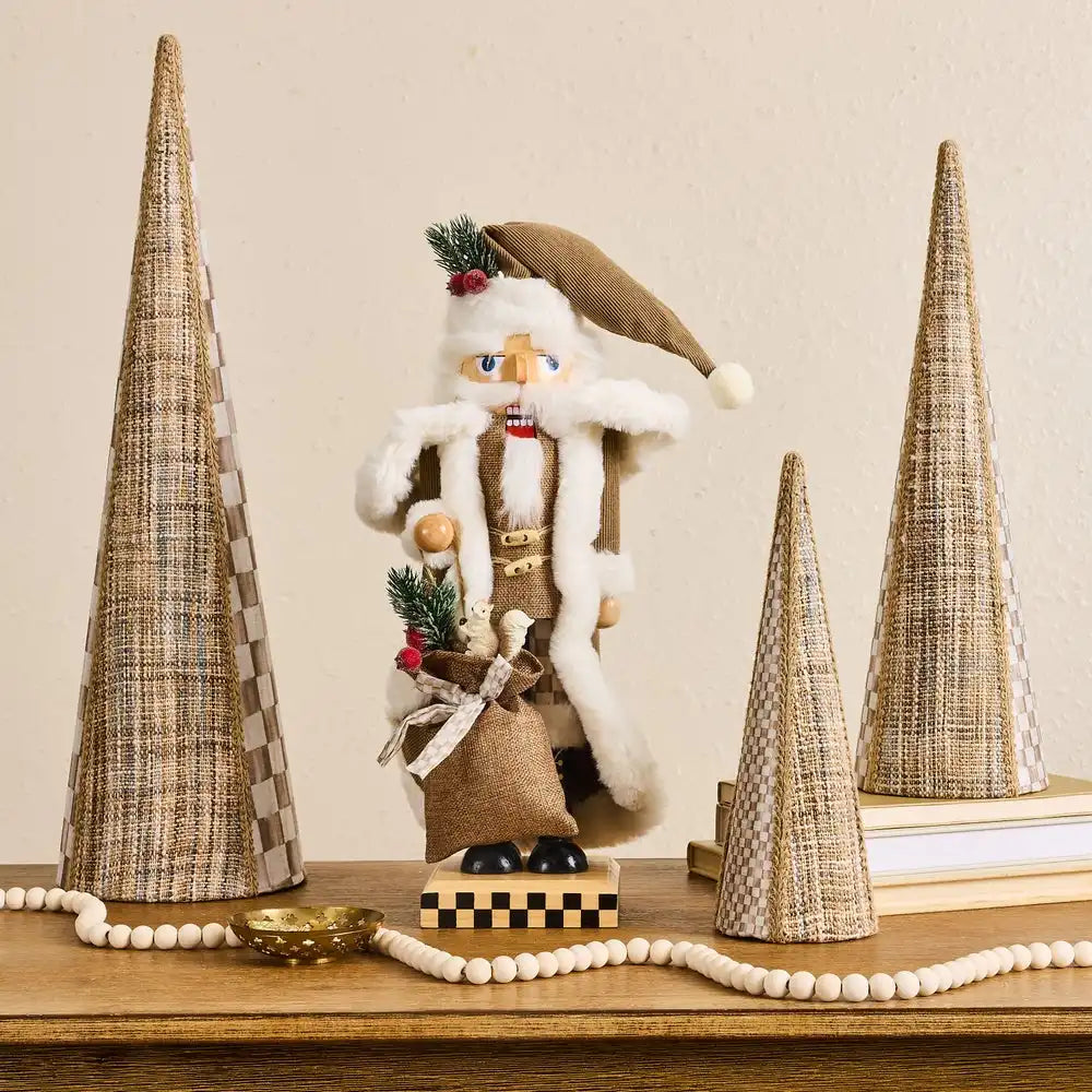 Mocha Check Wood Santa Nutcracker