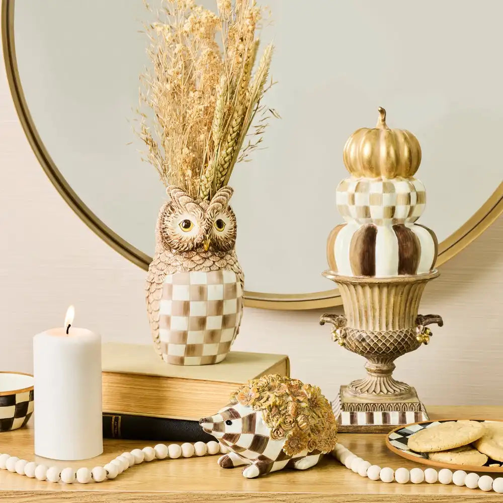 Mocha Check Ceramic Owl Vase