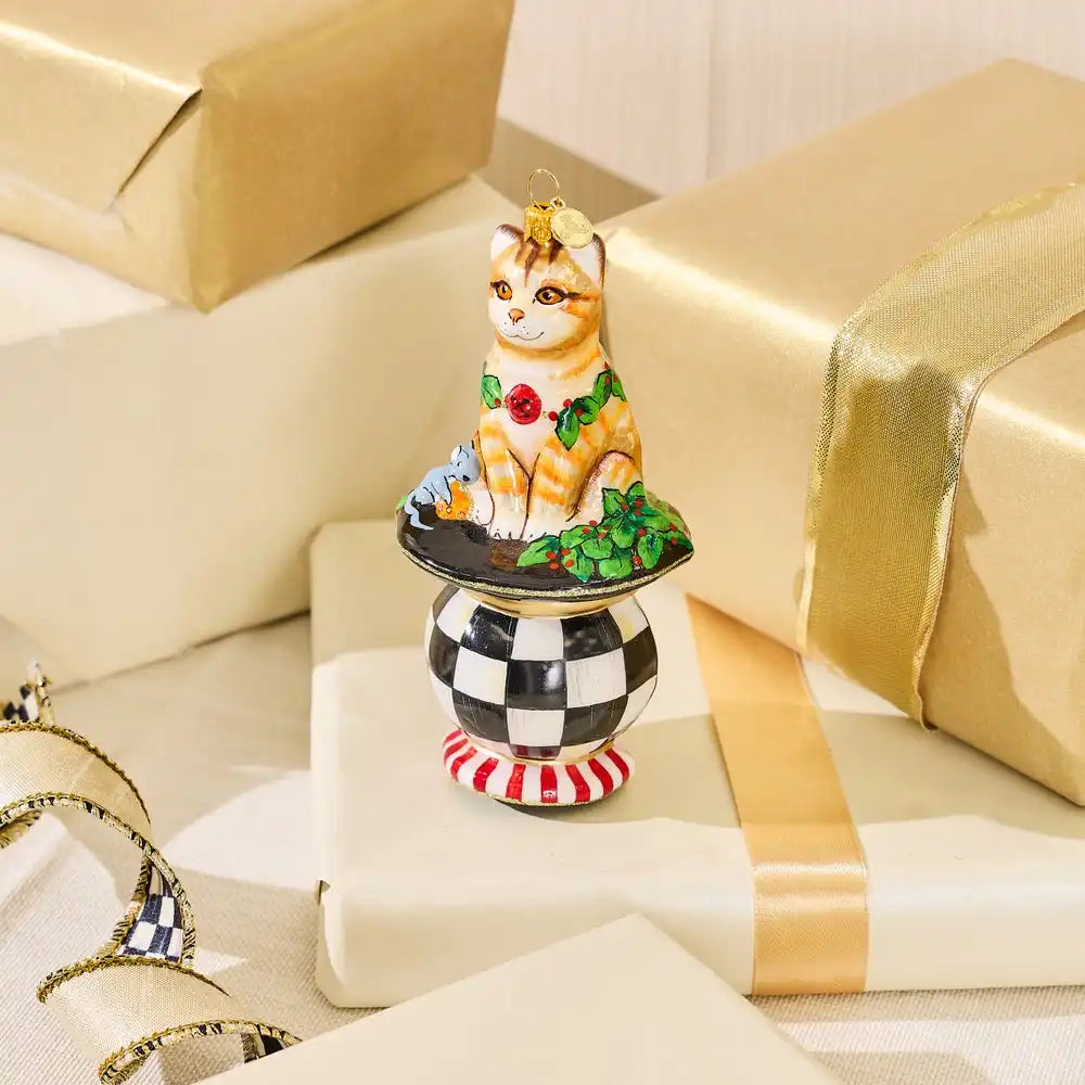 Cat on Tuffet Glass Ornament