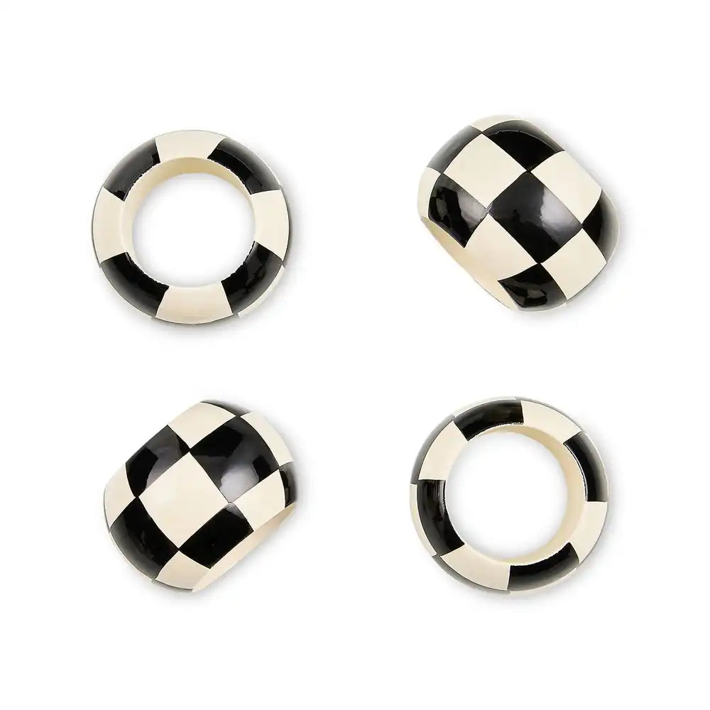 Black and White Check Wood Napkin Rings, Set of 4