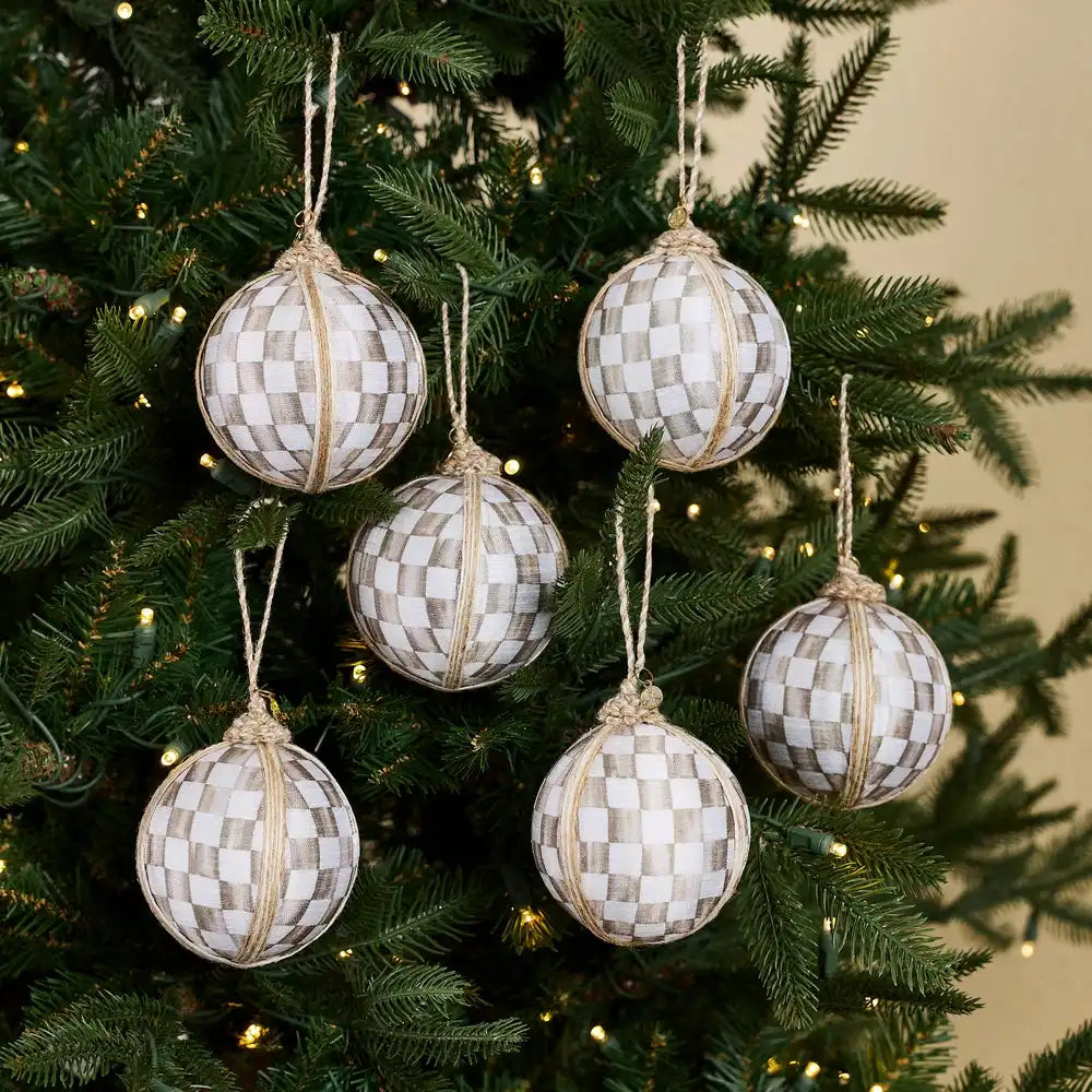 Mocha Check Fabric Medium Ball Ornaments, Set of 6