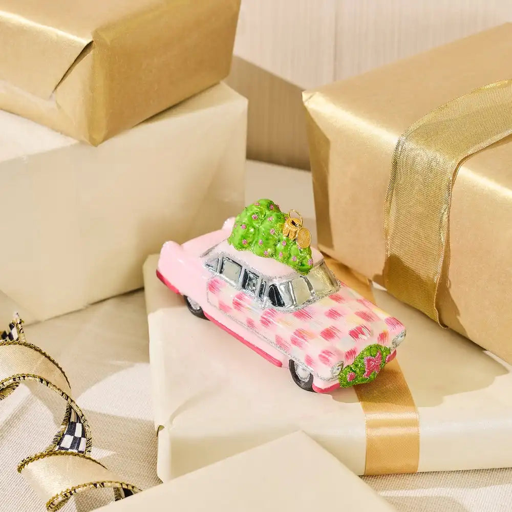 Bubblegum Check Poodle Car Glass Ornament