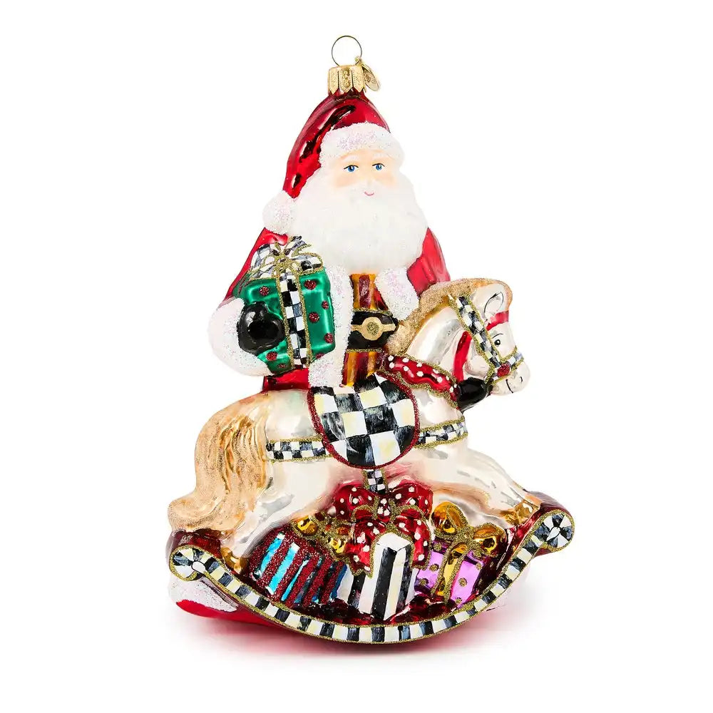 Santa with Rocking Horse Glass Ornament