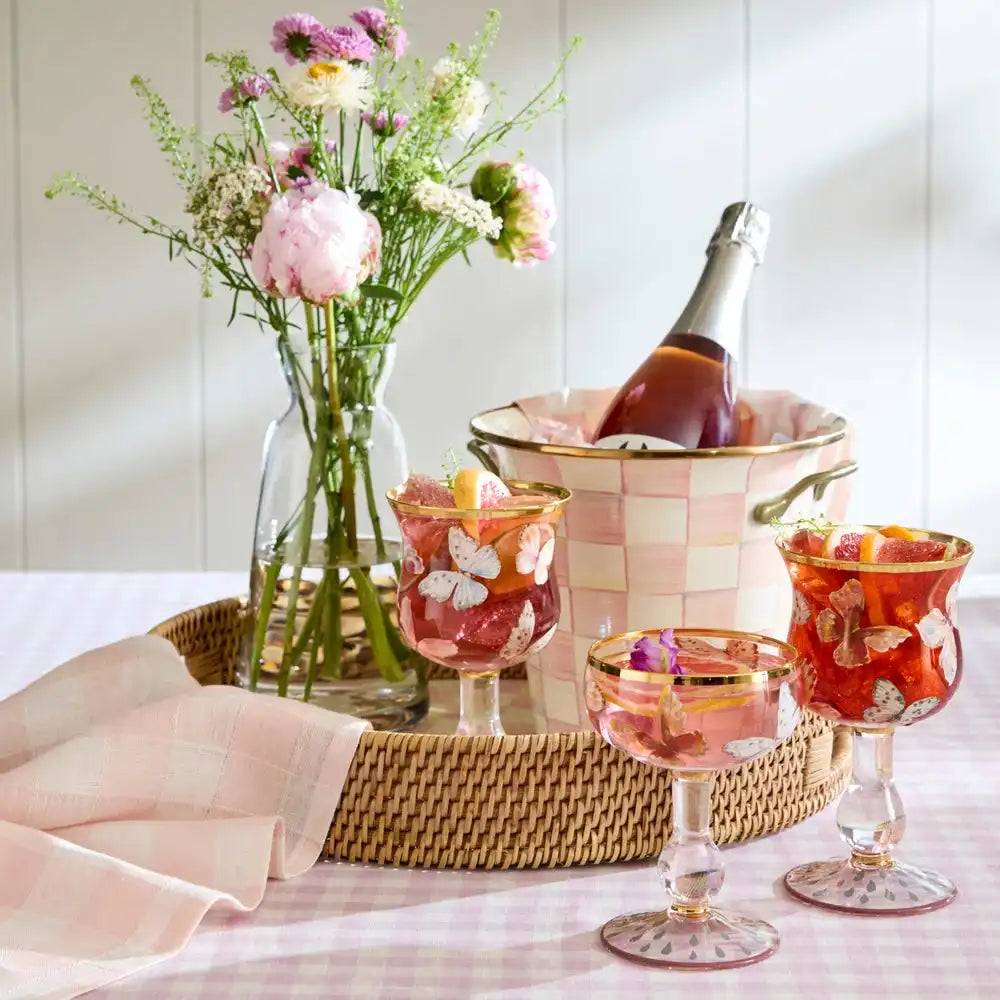 Rosy Check Enamel & Rattan Round Serving Tray