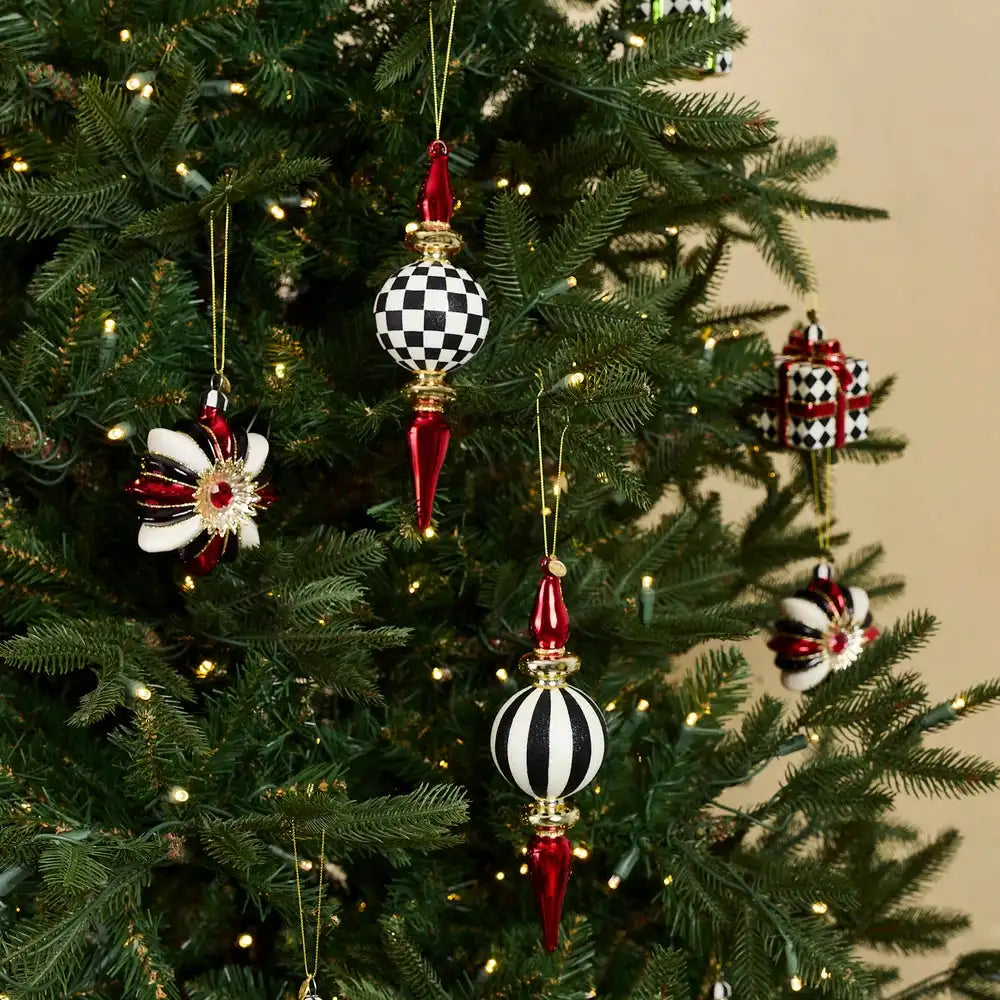 Black & White Check Finial Glass Ornaments, Set of 2