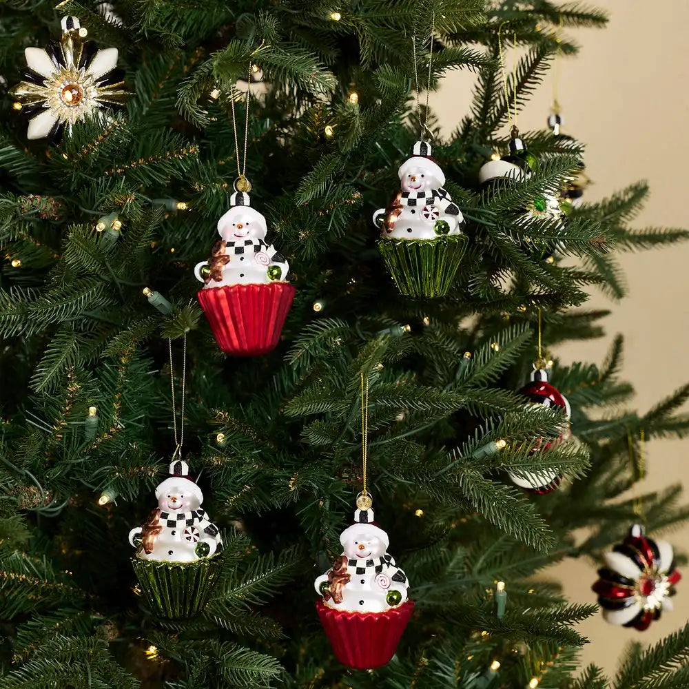 Cupcake Snowman Glass Ornaments, Set of 4