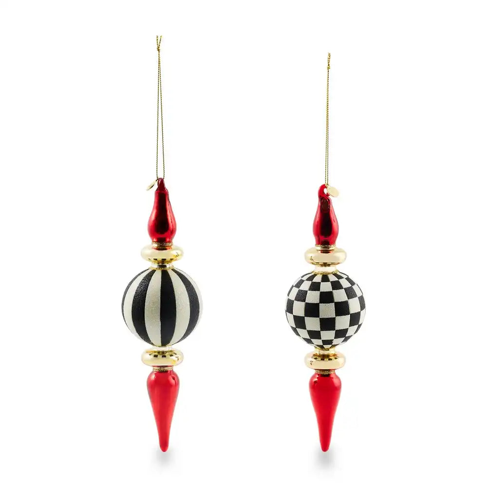 Black & White Check Finial Glass Ornaments, Set of 2