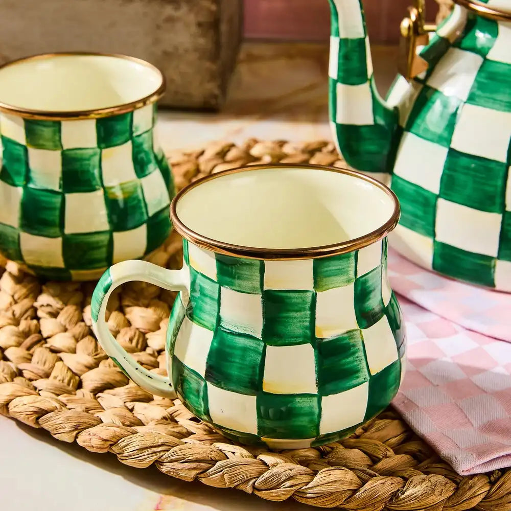 Emerald Check Mugs, Set of 4